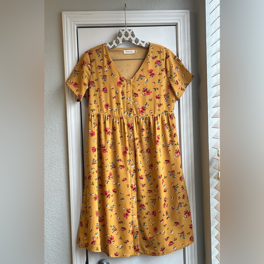 ROOLEE Women’s Baby Doll Button Up Dress 90’s Mustard Yellow Red Floral Size S